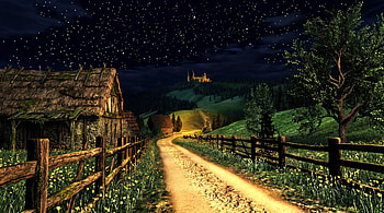 ps1core ps2core medieval hillside village forest and meadow under the nightsky video game aesthetic, Night Sky HD wallpaper