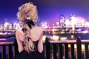 Blonde Girl Black Dress Looking At City , artist, artwork, digital-art HD wallpaper