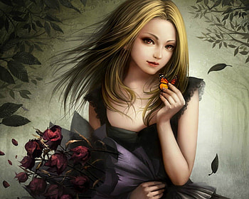 Flower n Butterfly, bouquet, blond hair, blonde, nice, wing, flower, maiden, blonde hair, happy, windy, female, sundress, sexy, sweet, smile, gorgeous, hot, girl, anime girl, leaves, anime, breeze, pretty, lovely, yellow eyes, cute, floral, dress, long hair, beauty, rose, lady, butterfly, fantasy girl, wings, blond, beautiful, elegant, wind HD wallpaper