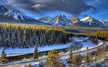 Winter landscape, Railway, Forest, River, Trees HD wallpaper