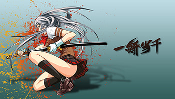 The way of the Samurai, sexy, sword, hot, uniform, cute, beautiful, gray hair, long hair, school girl, beauty, anime girl, weapon, katana HD wallpaper