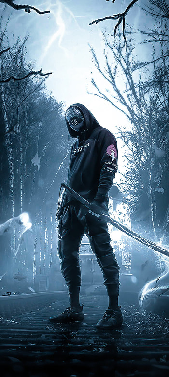 Anime cyborg, robot, sword, warrior, cyberpunk, black, boy, human HD phone wallpaper