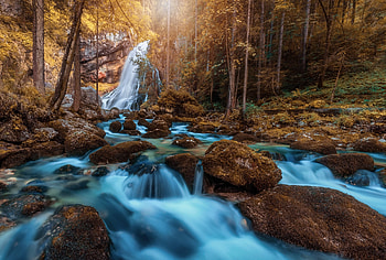 Summer in the forest, Waterfalls, Slope, Stones, Forest HD wallpaper