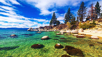 Secret Cove Lake Tahoe, California, landscape, clouds, trees, sky, water, rocks, usa, stones HD wallpaper