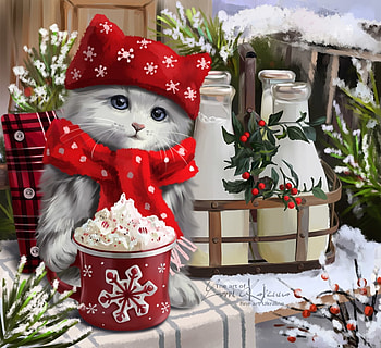 :), winter, lorri kajenna, mistletoe, craciun, art, cat, cup, pisici, fantasy, christmas, red, scarf, hat HD wallpaper