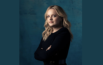Elizabeth Moss in Black, blond, teal, The Handmaids Tale, Elizabeth, posing, actress, curly, black outfit, actor, arms crossed HD wallpaper