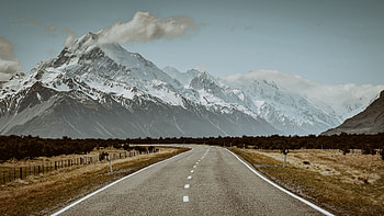 Landscape View Of Mountains With Snow Road Between Trees Dry Grass Field Nature HD wallpaper