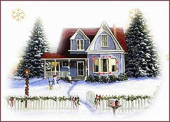 Dressed for the season, snow winter, pine trees, lights, house, decorations, christmas time HD wallpaper