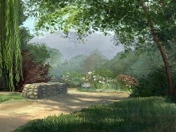 Tranquility Place, path, stone beach, flowers, grass, beauty, willow tree, tree HD wallpaper