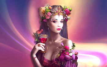 Beautiful Fantasy Lady, veil, Fantasy, lady, pretty, flowers, Face, princess, lovely, Digital art, wine HD wallpaper