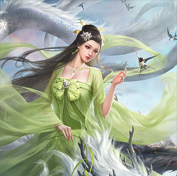 Spring, frumusete, bird, swallow, gorgeous, primavara, girl, randunica, superb, fantasy, green, dragon, zhu huali, luminos, pasari HD wallpaper