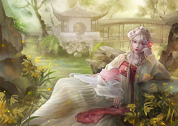 Chinese Garden, garden, girl, pastels, woman, art, , beautiful, serene, digital, fantasy, lamamake, fine HD wallpaper