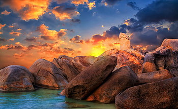The Rocky Beach, Rocks, Sunset, Clouds, Sky HD wallpaper