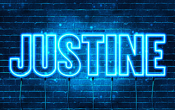 Happy Birtay Justine, , blue neon lights, Justine name, creative, Justine Happy Birtay, Justine Birtay, popular french male names, with Justine name, Justine HD wallpaper