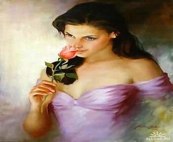 Thoughts of him, rose, thoughts, painting, fantasy, flower, girl, dress HD wallpaper