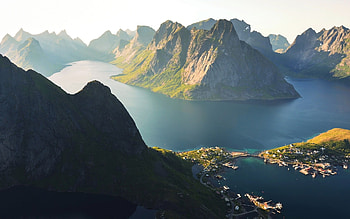 norway hofoten, sea, mountains, city, reine HD wallpaper
