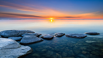 Horizon, Sunset ocean stones, Orange sky HD wallpaper