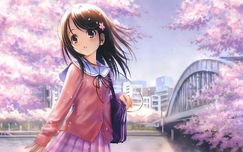 anime Girls, Shirt, City, Bridge, Original Characters, Cherry Blossom, School Uniform / and Mobile Backgrounds HD wallpaper
