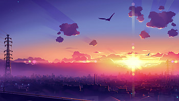 Anime Scenery Sunset , anime, birds, artist, artwork, digital-art HD wallpaper