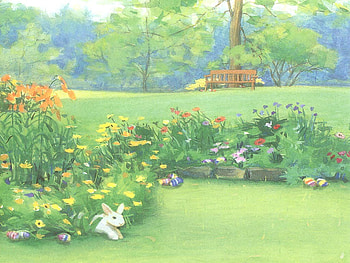 Easter at the park, bunny, bank, meadow, easter, flowers, eggs, tree HD wallpaper