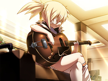 guitar play, sexy, white, blonde, guitar, cute, beautiful, socks, patch, anime, eye HD wallpaper