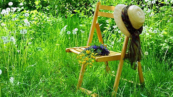 A place to relax, chair, summer, grass, hat HD wallpaper