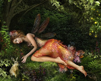Beautiful fairytale, fairytale, wings, colorful, color, peaceful, beauty, dark, fairy, saga, wood, red, forest, female, rabbit HD wallpaper