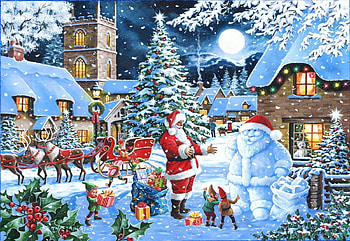 Seeing double, sleigh, children, deer, christmas, snow, houses, santa, village, painting HD wallpaper