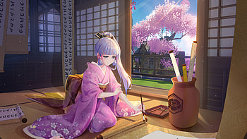 Kamisato Ayaka Sakura Flowers Tree Background Genshin Impact HD wallpaper