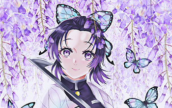 Kochou Shinobu, violet flowers, Demon Hunter, kimono, butterflies, Kimetsu no Yaiba, Demon Slayer, manga, Shinobu Kocho, Giyu Tomioka HD wallpaper
