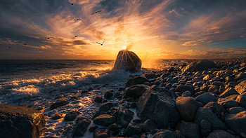 Frozen in Time' Sunset at Molen just outside Larvik, Norway, sky, rocks, coast, clouds, colors, stones HD wallpaper