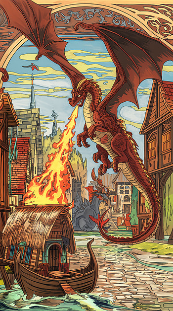 Epic Dragon Adventure , dragon, fantasy, fire, medieval, village, Fire Dragon HD phone wallpaper