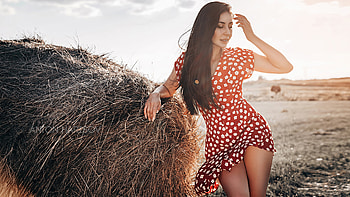 Polka Dot Dress Girl Field Long Hair , girls, model, field, dress HD wallpaper