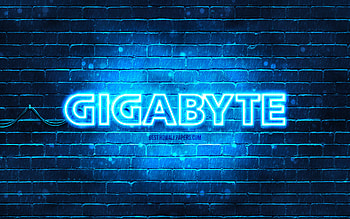 Gigabyte blue logo, , blue brickwall, Gigabyte logo, brands, Gigabyte neon logo, Gigabyte HD wallpaper