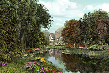 Serenity, abstract, 3d, art, cool, flowers, cottage, stream HD wallpaper