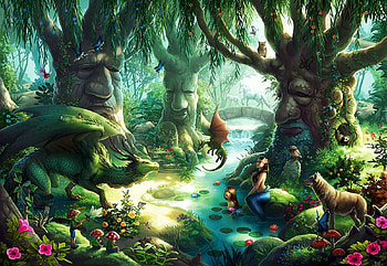 The Magical Forest, dragons, mermaid, digital, flowersart, trees, flowers, wolf, mushrooms HD wallpaper