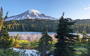 Misty morning at Reflection Lake in Mount Rainier NP, washington, trees, sky, water, forest, usa, mountain HD wallpaper