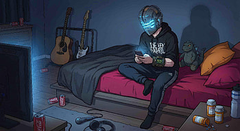 Cyber Guy On Bed Neon Room, cyberpunk, boy, room, tv, guitar, artist, artwork, art, digital-art, ai, deviantart HD wallpaper