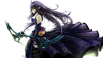 Dark Archer, purple hair, cute, long hair, dress, beauty, lady, female, bow, sweet, white, archer, girl, gloves, beautiful, dark, woman, anime girl, anime, pretty, lovely HD wallpaper