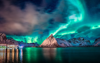 Aurora Reflection Over Mountains, aurora, nature, mountains, reflection HD wallpaper