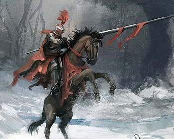 Knight, winter, horse, art, raymond minnaar, cal, armor, fantasy, red, iarna HD wallpaper