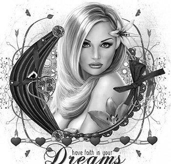 Dreams, blonde, black and white, ribbon, hearts, girl HD wallpaper