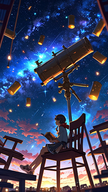 Anime girl with Telescope, Anime, star, anime city HD phone wallpaper