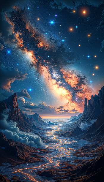 Galactic Serenity: A Stunning , galaxy, Stars, landscape, mountain, river HD phone wallpaper