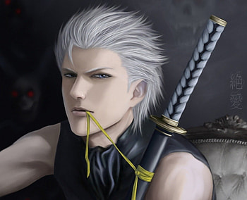 Vergil, silver hair, cute, 3d, cg, devil may cry, short hair, male, handsome, sexy, sword, hot, blade, close up, boy, anime, white hair, cool, weapon, katana, realistic, guy HD wallpaper