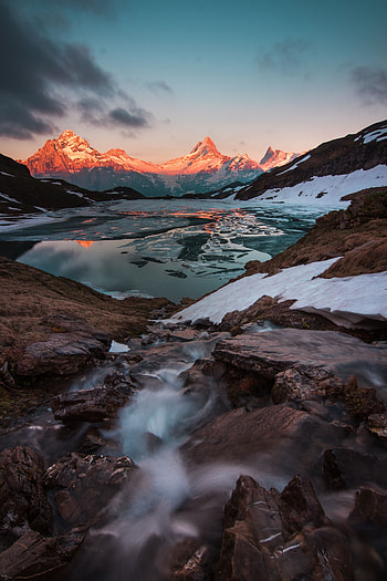 Landscape, Nature, Sunset, Mountains, Ice, Lake, Evening, Switzerland HD phone wallpaper