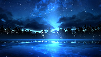 Trees Forest Blue Starry Sky Reflection River Anime Nature Anime HD wallpaper