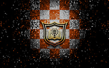 Al Hala FC, glitter logo, Bahraini Premier League, orange white checkered background, soccer, Bahraini football club, Al Hala SC logo, mosaic art, football, Al-Hala, Al Hala SC HD wallpaper
