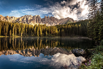 Mountain reflection, Nova Levante, Trentino-Alto Adige, backgrounds HD wallpaper