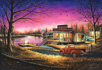 A Perfect Evening, artwork, river, painting, car, store, cabin, sunset HD wallpaper
